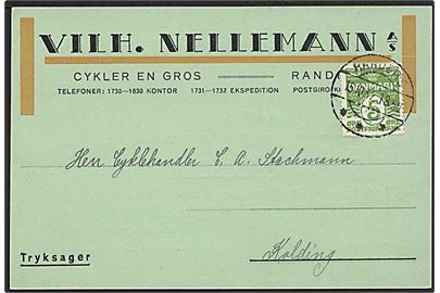 5 øre Bølgelinie med perfin VN på tryksagsbrevkort fra Wilh. Nellemann A/S stemplet Randers d. 15.10.1932 til Kolding.