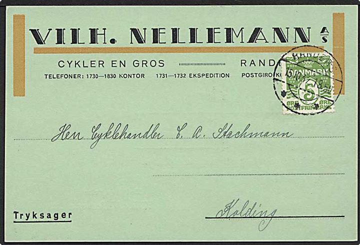 5 øre Bølgelinie med perfin VN på tryksagsbrevkort fra Wilh. Nellemann A/S stemplet Randers d. 15.10.1932 til Kolding.