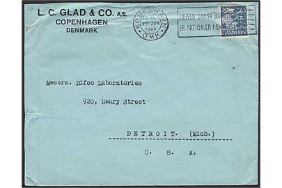 30 øre Karavel med perfin L.G.C. på firmakuvert fra L.C.Glad & Co. i København d. 28.6.1935 til Detroit, USA. Mærke med folder.