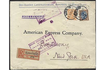 30 øre og 1 kr. Chr. X med perfin LB på anbefalet brev fra Den danske Landmandsbank i Kjøbenhavn d. 1.8.1922 til New York, USA.