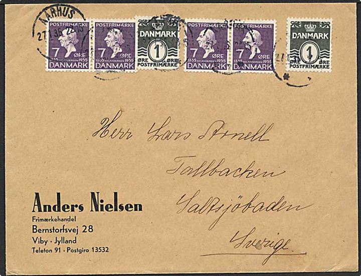 1 øre Bølgelinie (2) og 7 øre H.C.Andersen (4) på brev fra Aarhus d. 27.1.1936 til Saltsjöbaden, Sverige. 
