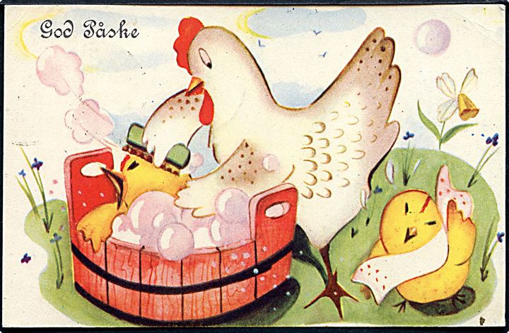 God Påske. Høne vasker kylling. Norsk Arbeid. J. H. K. , serie no. 101. 