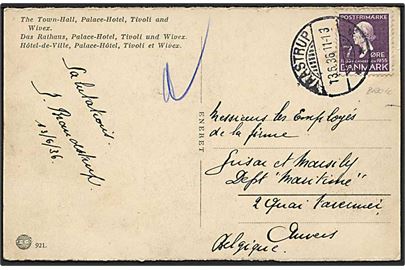 7 øre H.C.Andersen på brevkort sendt som tryksag og annulleret med brotype Ic stempel Taastrup d. 13.6.1936 til Anvers, Belgien.