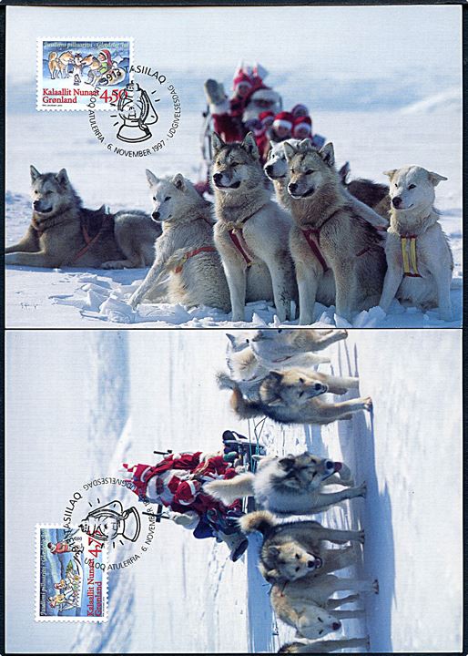 Grønland. 2 kort med julemanden på hundeslæde. (Iført rød kåbe). Grønlands Postvæsen BET 99 / 97 & 100 / 97. 