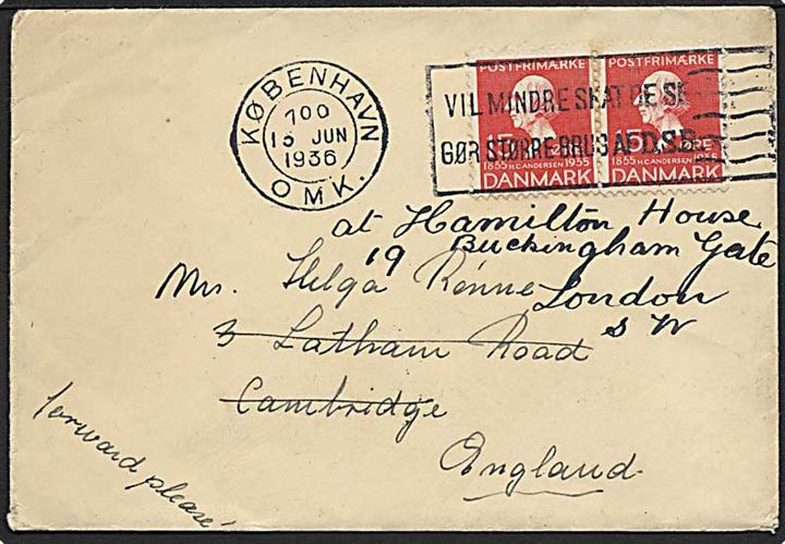 15 øre H.C.Andersen i parstykke på brev fra København d. 16.6.1936 til Cambridge, England - eftersendt til London.