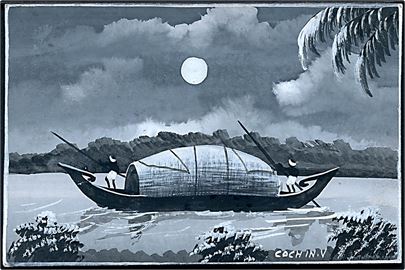 Cochin V.: Håndmalet. Mænd sejler i båd ved fuldmåne. U/no. 