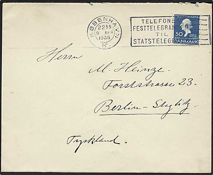 30 øre H.C.Andersen single på brev fra København d. 9.4.1936 til Berlin, Tyskland.