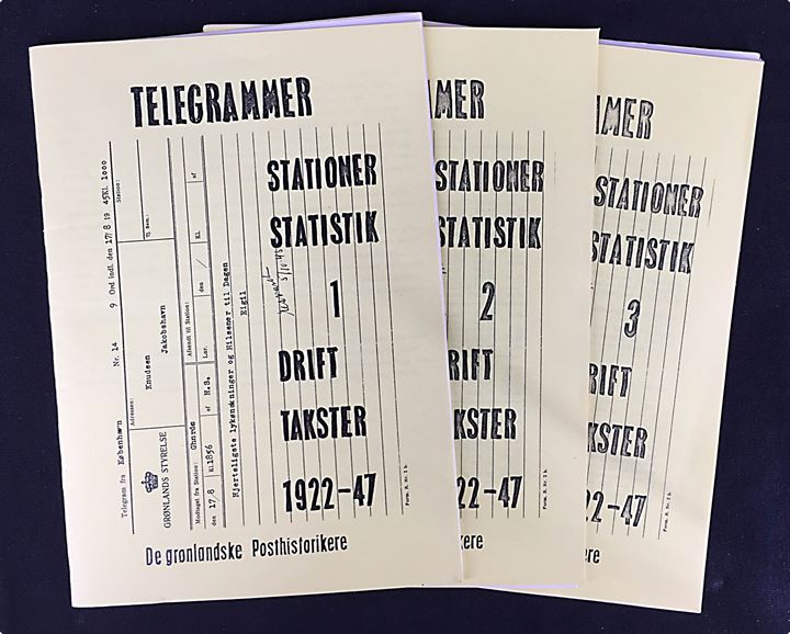 Telegrammer, Stationer, Statistik, Drift, Takster 1922-1947, 3 kilde hæfter på 84 sider. De grønlandske Posthistorikere.