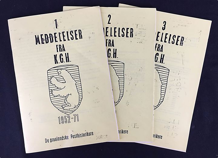 Meddelelser fra K.G.H. 1952-1971, 3 kildehæfter med postale meddelelser 29+29+29 sider. De grønlandske Posthistorikere.