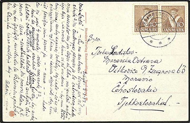 10 øre Tavsen i parstykke på brevkort fra Knarreborg d. 4.3.1937 til Vitkovice, Tjekkoslovakiet.