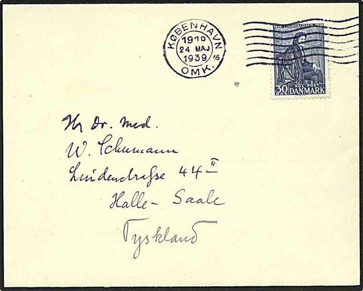30 øre Thorvaldsen single på brev fra København d. 24.5.1939 til Halle-Saale, Tyskland.