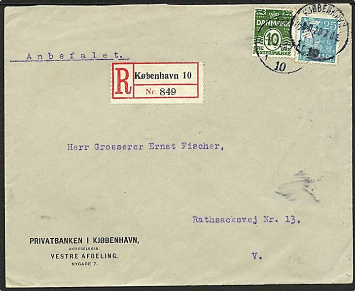 10 øre Bølgelinie og 25 øre Karavel på lokalt anbefalet brev i Kjøbenhavn d. 5.6.1928.