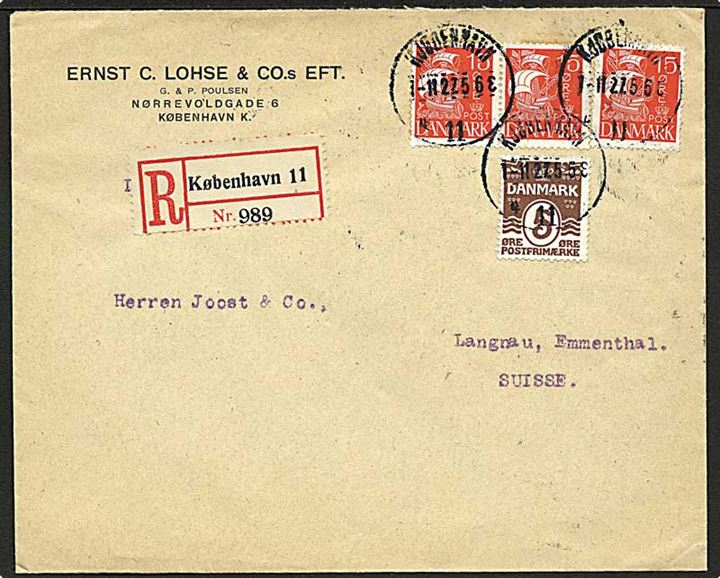 5 øre Bølgelinie og 15 øre Karavel (3) på anbefalet brev fra Kjøbenhavn d. 1.11.1927 til Langnau, Emmenthal, Schweiz.