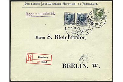 5 øre og 20 øre (par) Fr. VIII på anbefalet brev fra Kjøbenhavn I d. 12.3.1910 til Berlin, Tyskland.