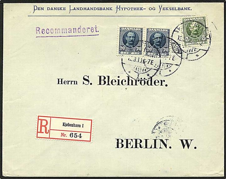 5 øre og 20 øre (par) Fr. VIII på anbefalet brev fra Kjøbenhavn I d. 12.3.1910 til Berlin, Tyskland.