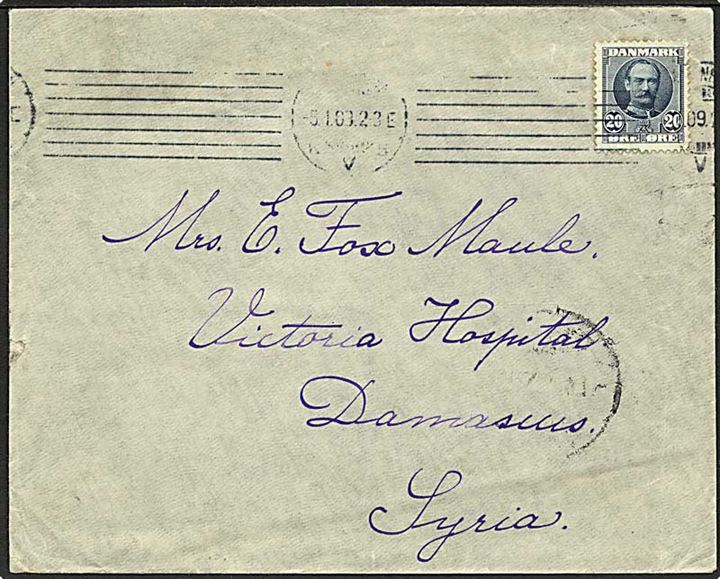 20 øre Fr. VIII single på brev fra Kjøbenhavn d. 5.1.1908 til Damaskus, Syrien.