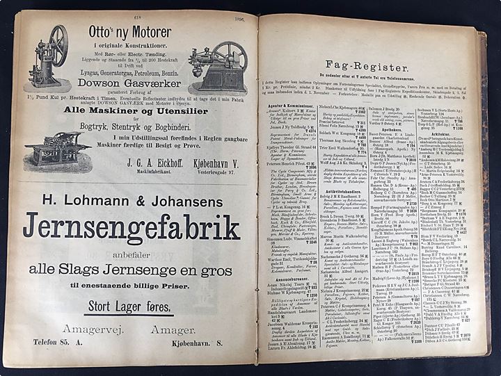 Vejviser for Kjøbenhavn og Frederiksberg 1896. Indeholder Real-, Hus-, Person-, Fag- og Firma-register, samt avertissementer. 784 sider + 32 sider tillæg. Slidt i ryggen.