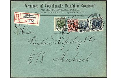 5 øre, 10 øre og 20 øre (2) Fr. VIII på anbefalet brev fra Kjøbenhavn K. d. 27.1.1908 til Markirch, Tyskland.