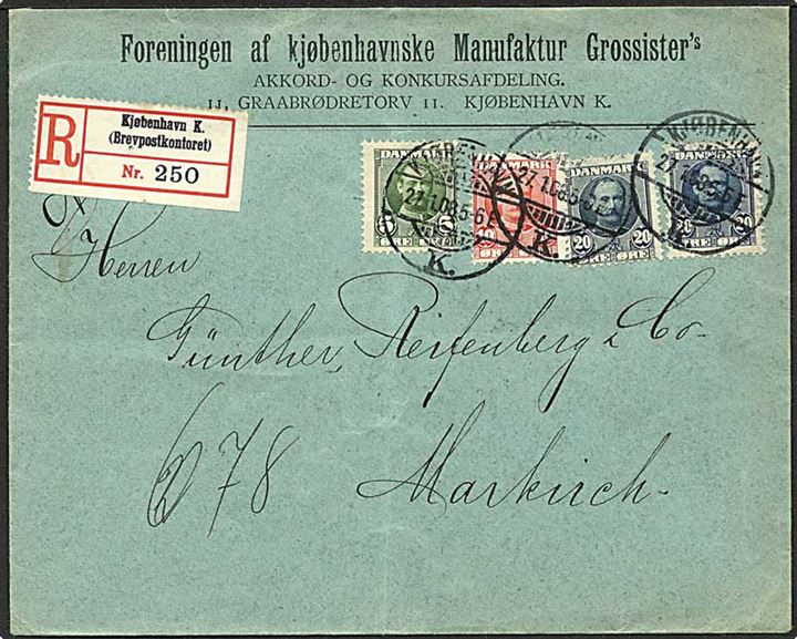 5 øre, 10 øre og 20 øre (2) Fr. VIII på anbefalet brev fra Kjøbenhavn K. d. 27.1.1908 til Markirch, Tyskland.