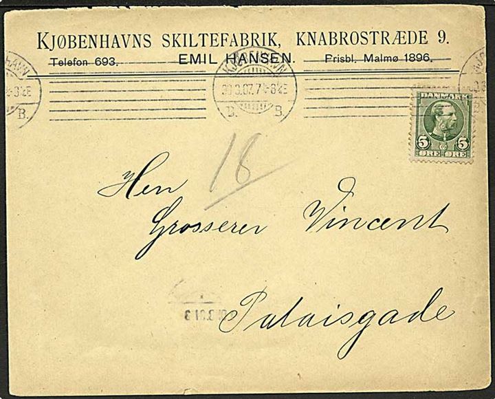 5 øre Chr. IX single på lokalbrev i Kjøbenhavn d. 30.3.1907.
