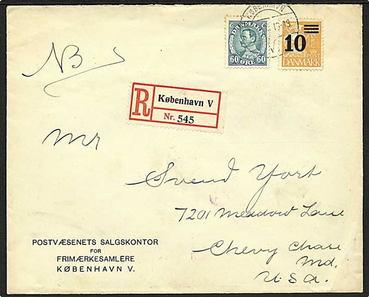 60 øre Chr. X og 10/30 øre provisorium på anbefalet brev fra København d. 12.1.1935 til Chevy Chase, USA.