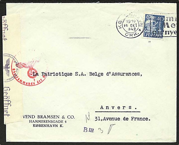 40 øre karavel på brev fra København d. 16.10.1941 til Anvers, Belgien. Åbnet af tysk censur i Hamburg.