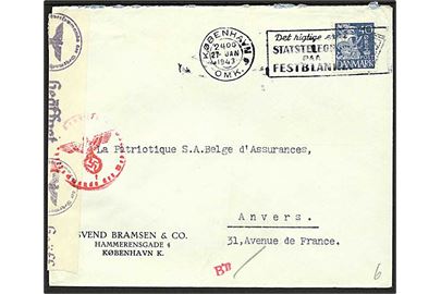 40 øre karavel på brev fra København d. 27.1.1943 til Anvers, Belgien. Åbnet af tysk censur i Hamburg.