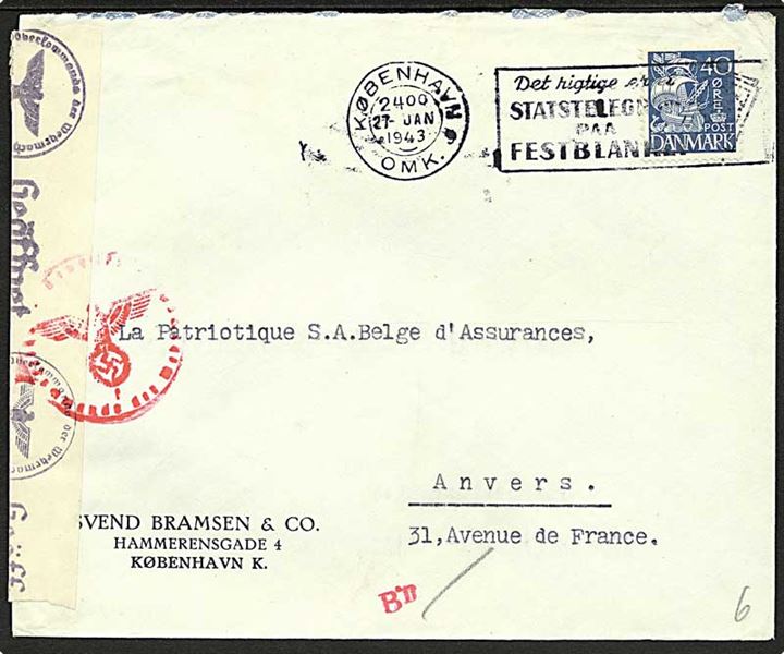 40 øre karavel på brev fra København d. 27.1.1943 til Anvers, Belgien. Åbnet af tysk censur i Hamburg.