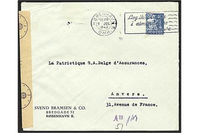 40 øre karavel på brev fra København d. 2.7.1942 til Anvers, Belgien. Åbnet af tysk censur i Hamburg.
