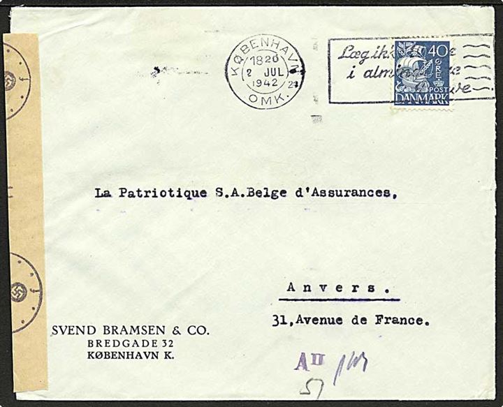 40 øre karavel på brev fra København d. 2.7.1942 til Anvers, Belgien. Åbnet af tysk censur i Hamburg.