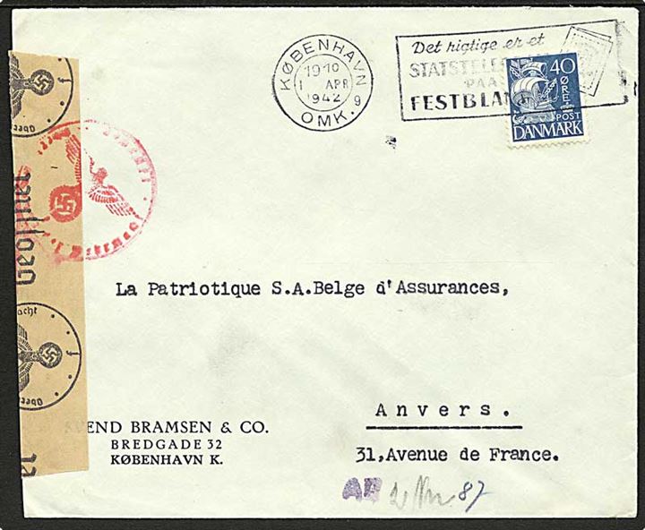 40 øre karavel på brev fra København d. 1.4.1942 til Anvers, Belgien. Åbnet af tysk censur i Hamburg.