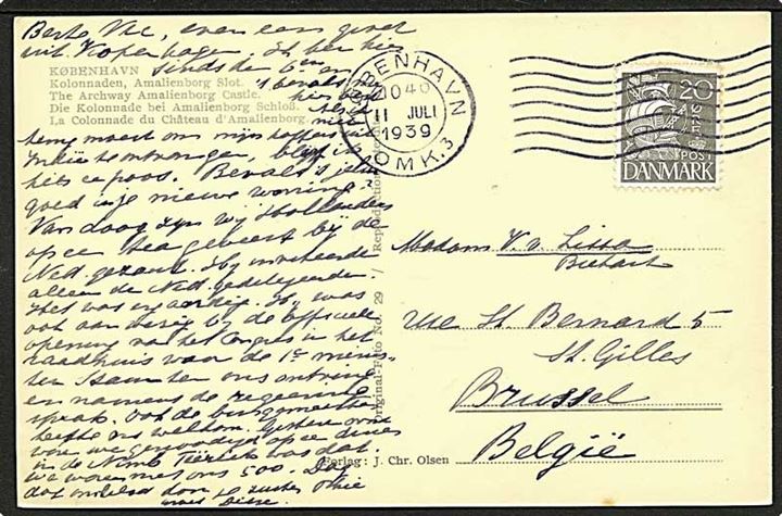 20 øre Karavel på brevkort fra København d. 11.7.1939 til Brussel, Belgien.