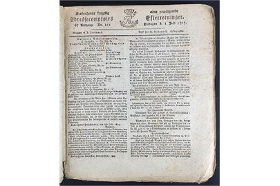 Kjøbenhavns kongelig alene priviligerede Adressecomptoirs Efterretninger. Indbundne aviser + tillæg fra No. 151 d. 1.7.1821 til no. 229 d. 30.9.1821 (3. kvartal).  