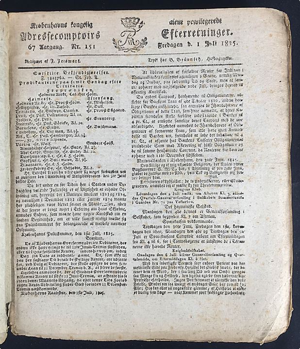 Kjøbenhavns kongelig alene priviligerede Adressecomptoirs Efterretninger. Indbundne aviser + tillæg fra No. 151 d. 1.7.1821 til no. 229 d. 30.9.1821 (3. kvartal).  