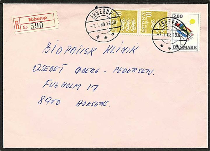 2,80 kr. Ejler Bille og 10 kr. Rigsvåben i parstykke på anbefalet brev fra Ebberup d. 7.1.1988 til Horsens.
