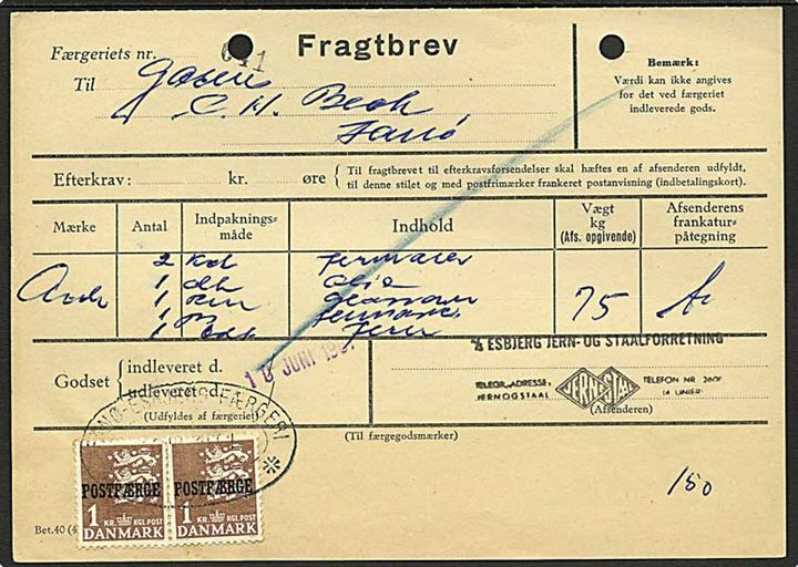 1 kr. Rigsvåben Postfærge provisorium i parstykke på fragtbrev fra Esbjerg d. 10.6.1961 til Fanø.
