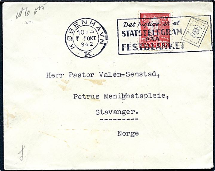 20 øre Chr. X på brev fra København d. 7.10.1942 til Stavanger, Norge. På bagsiden stemplet Den norske Damekomité og åbnet af dansk censur.