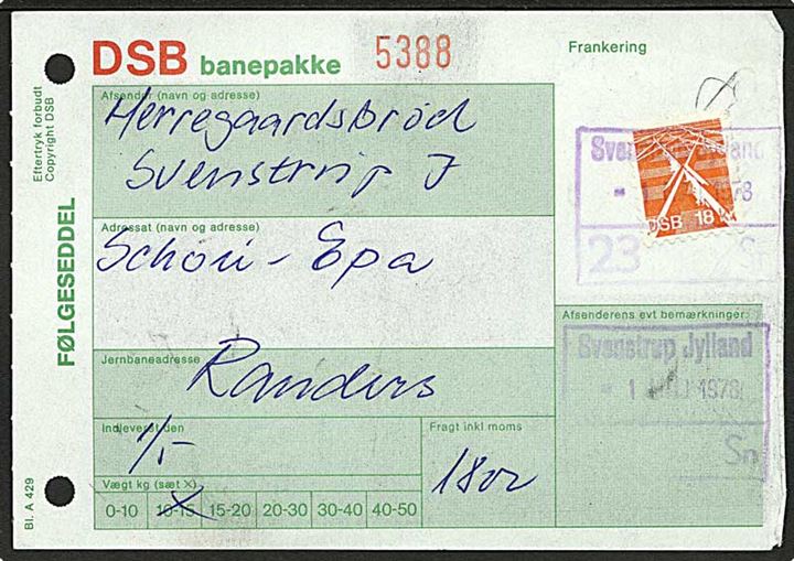18 kr. DSB fragtmærke på følgeseddel for banepakke fra Svenstrup J. d. 1.5.1978 til Randers.