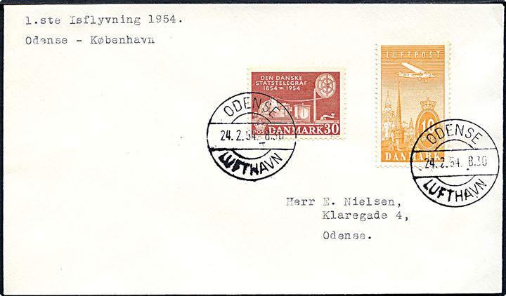 10 øre Luftpost og 30 øre Statstelegrafen på isluftpost brev annulleret med sjældent brotype IId Odense Lufthavn d. 24.2.1954 til Odense.