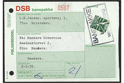 21 kr. DSB fragtmærke på følgeseddel for banepakke fra Holstebro d. 8.5.1978 til Randers.