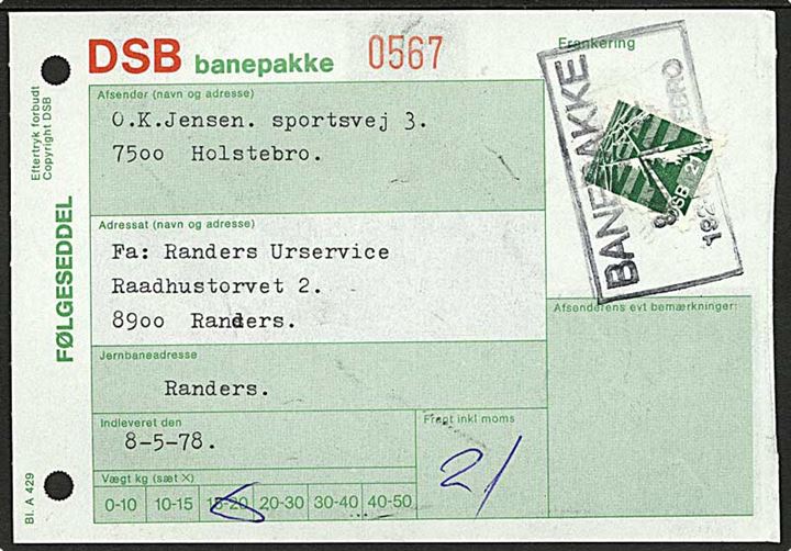 21 kr. DSB fragtmærke på følgeseddel for banepakke fra Holstebro d. 8.5.1978 til Randers.