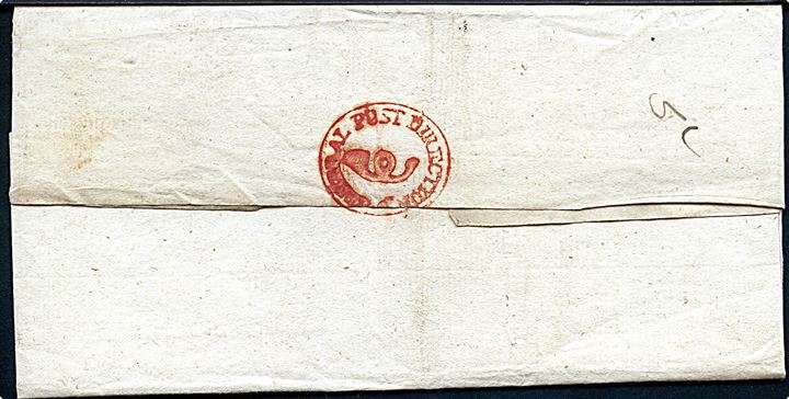 Rødt seglstempel General Post Direction på bagsiden af tjenestebrev mærket K.T. til Postmester Aagaard i Grenaa. Stempel benyttet i perioden 1814-1818. 