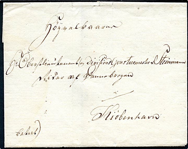 1827. Francobrev mærket Betalt med laksegl til Oberstlieutnant og Divisionsqvartermester v. Steinmann i Kjøbenhavn. Noteret Ørbechlunde d. 13.10.1827. Uden indhold.