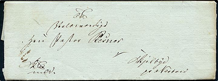 1834. Tjenestebrev mærket K.T.m.At. med indhold fra Sorø d. 16.10.1834 til Skjelbye pr. Nestved.
