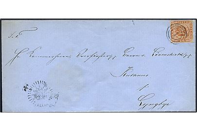 4 sk. 1854 udg. på brev annulleret med nr.stempel 1 og sidestemplet uldent kompasstempel i Kjøbenhavn 1858 til Baron v. Löwenskiold, Kulhus pr. Lyngbye.