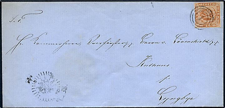 4 sk. 1854 udg. på brev annulleret med nr.stempel 1 og sidestemplet uldent kompasstempel i Kjøbenhavn 1858 til Baron v. Löwenskiold, Kulhus pr. Lyngbye.