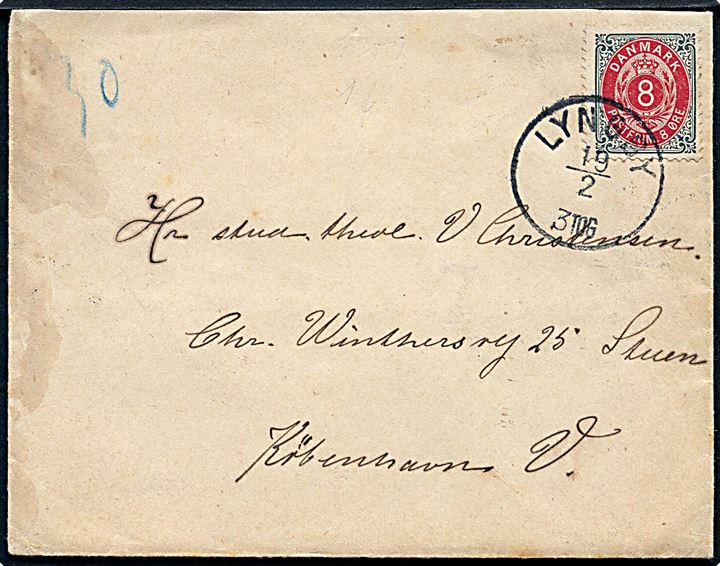 8 øre Tofarvet omv. rm. på brev annulleret med lapidar Lyngby d. 19.2.1900 til Kjøbenhavn.