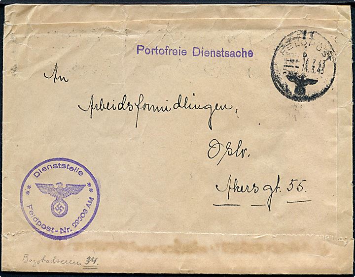 Ufrankeret tysk feltpostbrev stemplet Feldpost d. 14.3.1943 til Arbejdsformidlingen i Oslo. Briefstempel fra Feldpost-Nr. 29308AM (= Heeresunterkunftsverwaltung 259 i Oslo). 