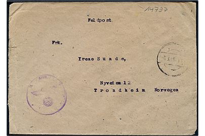 Ufrankeret tysk feltpostbrev med stumt stempel d. 6.3.1945 til Trondheim, Norge. Svagt briefstempel og sendt fra tysk underofficer ved 2. Ausb. p. Gren. Ers. u. Ausb. Btl. 78 på Troilo Kaserne i Duisdorf ved Bonn, Tyskland.