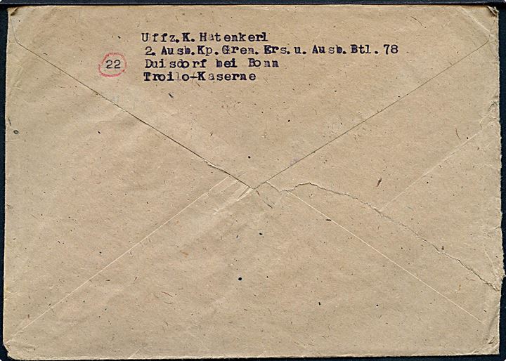 Ufrankeret tysk feltpostbrev med stumt stempel d. 6.3.1945 til Trondheim, Norge. Svagt briefstempel og sendt fra tysk underofficer ved 2. Ausb. p. Gren. Ers. u. Ausb. Btl. 78 på Troilo Kaserne i Duisdorf ved Bonn, Tyskland.